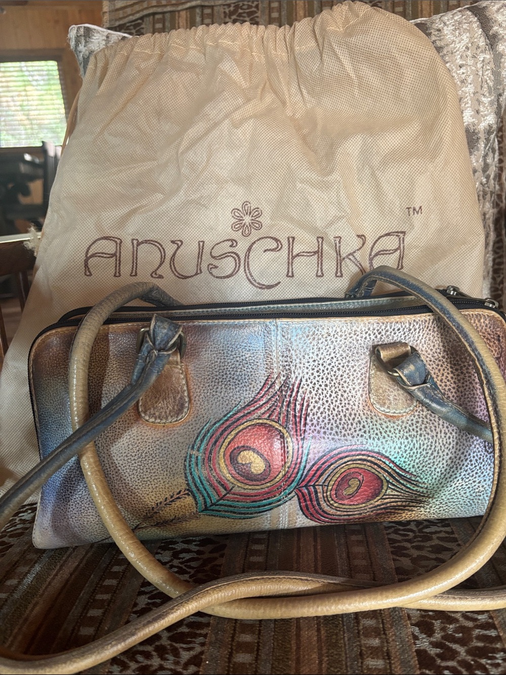 Anuschka Metallic Multicolor Hand-Painted Peacock Feather Shoulder Bag